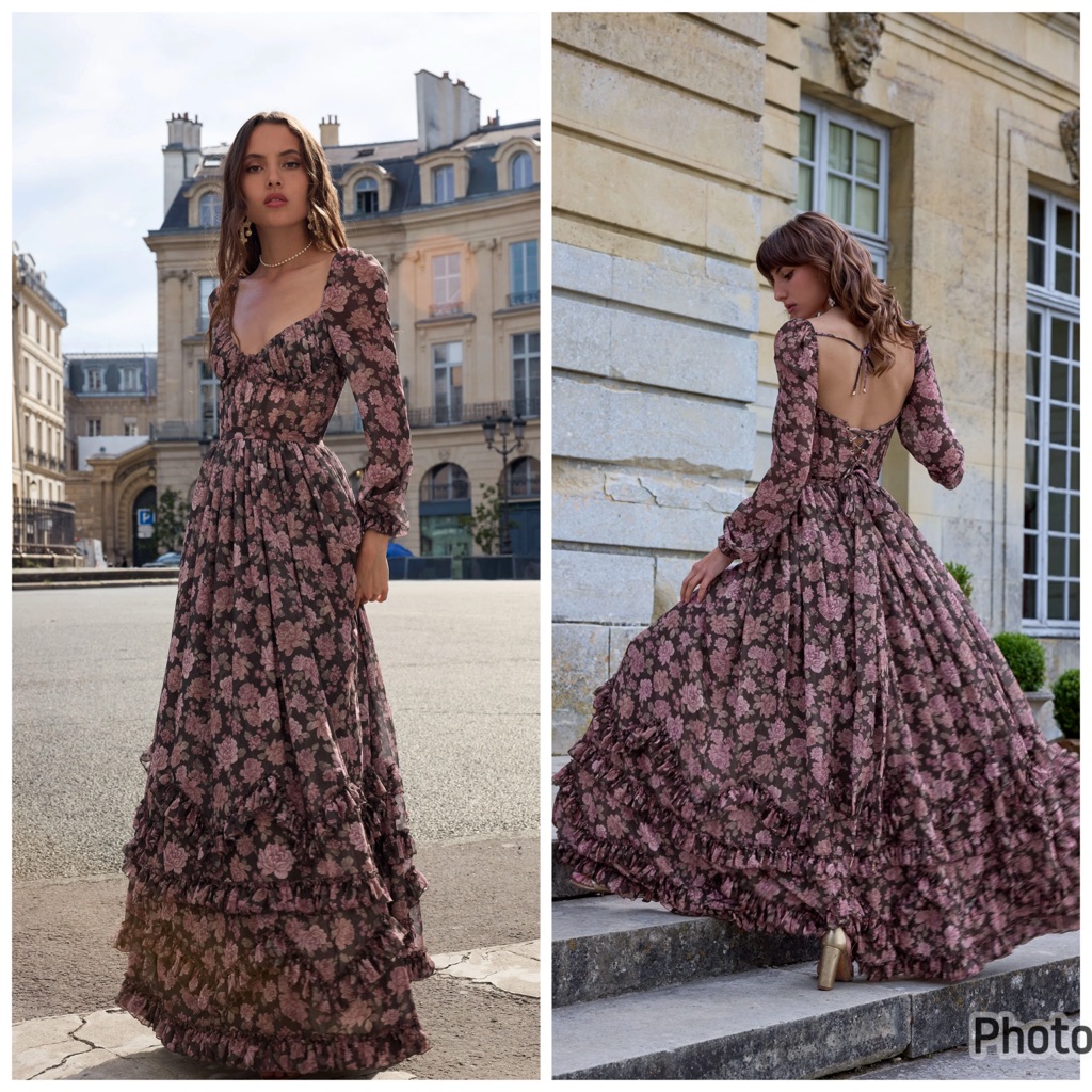 V Chapman Carmella Dress In Chocolate Peony Floral Maxi Gown Corset Size 10